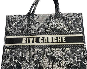 Sac cabas rigide " Rive Gauche Paris "  imprimé toile de Jouy,  jungle . Forme rectangulaire . Nouvelle co. NOIR