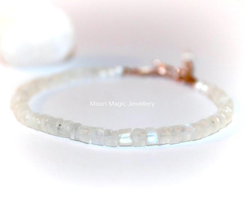 Dainty Rainbow Moonstone Heishi Beaded Bracelet In Rose Gold Vermeil • Genuine AAA Flashy Gemstone • June Birthstone • Boho Gift For Her