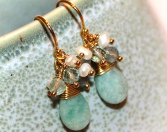 Amazonite Green Fluorite & Pearl Mermaid Cluster Earrings In Gold Vermeil • Genuine Aqua Gemstone • Virgo Birthday • Boho Gift For Her