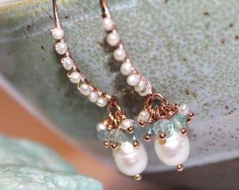 Pearl Aquamarine & Fluorite Mermaid Cluster Earrings In Rose Gold Vermeil • Genuine Aqua Gemstone • June Birthstone • Bridal Gift For Her