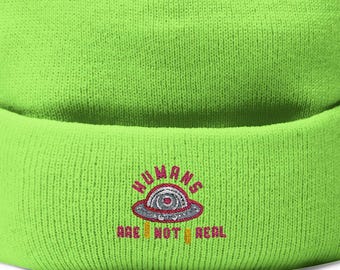 Humans Are Not Real Pom-Pom Beanie, Embroidered UFO Knit Hat, Funny Alien Winter Cap, Area 51 Gift for SciFi Conspiracy and Lovers
