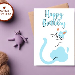 Printable Cat Birthday Card, Pet Birthday Card, Cat Birthday, Simple Cat Card, Blue Cat, Cat Lover, 5x7 Greeting Card, INSTANT DOWNLOAD