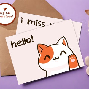 Cartes imprimables chat rose, lot de 5 cartes de voeux chat, chat anime, dictons drôles de chat, paquet de cartes chat, carte de voeux 7 x 5, téléchargement immédiat
