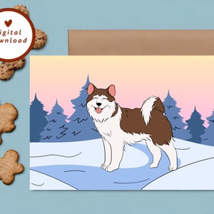 Carte imprimable chien Husky, carte chien Husky enneigé, chien des neiges, Husky dans les montagnes, Husky brun et blanc, carte de voeux 7 x 5, TÉLÉCHARGEMENT IMMÉDIAT