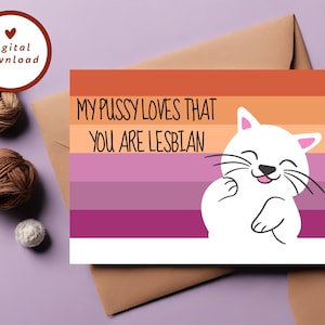 Tarjeta imprimible del orgullo del gato, a mi coño le encanta que seas lesbiana, refranes divertidos del gato, bandera lesbiana, queer, tarjeta en blanco 7x5, DESCARGA INSTANTÁNEA