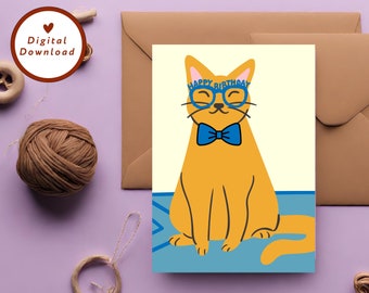 Printable Cat Birthday Card, Cat Wearing Glasses, Funny Birthday Cat Card, Orange Cat, Cat Lover, 5x7 Greeting Card, INSTANT DOWNLOAD