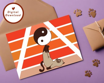 Printable Cat Card, Yin and Yang Cat, Yin-Yang Card, Yinyang, Balancing Cat Card, Peaceful Cat Card, 7x5 Greeting Card, INSTANT DOWNLOAD