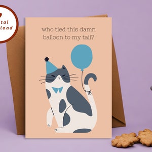 Tarjeta de cumpleaños de gato imprimible, cumpleaños de gato atrevido, dicho divertido de gato, gato bicolor, gato gris y blanco, tarjeta en blanco 5x7, DESCARGA INSTANTÁNEA