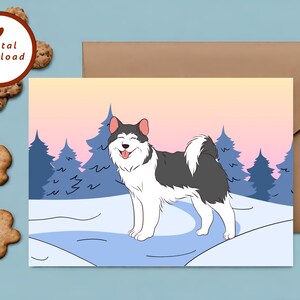 Carte imprimable chien Husky, carte chien Husky enneigé, chien des neiges, Husky dans les montagnes, Husky noir et blanc, carte de voeux 7 x 5, TÉLÉCHARGEMENT IMMÉDIAT