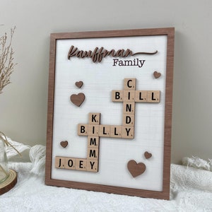Letrero de Scrabble con nombre de familia personalizado, placa de madera con crucigramas para nietos personalizados, regalo familiar único, recuerdo navideño para abuelos