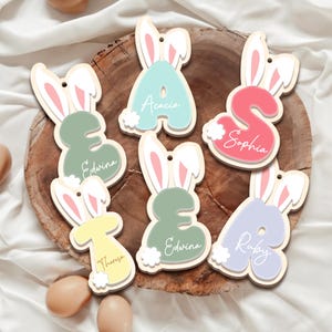 Etiqueta de nombre de conejito de Pascua personalizada, etiqueta de letras de madera 3D personalizada, amuleto de nombre de canasta de primavera para niños, conejito lindo, regalo para niños, tarjeta de Pascua.