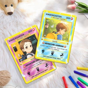 Tarjeta de regreso a clases con brillantina personalizada para niños, tarjeta estilo anime personalizada con foto, etiqueta para mochila de jardín de infantes, regalo de recuerdo del primer día.