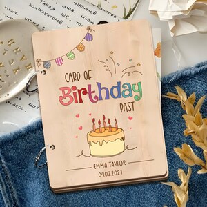 Porta-cartões de aniversários, cartões de aniversários passados, álbum de cartões de aniversário de madeira personalizado, lembrança para crianças, porta-cartões de aniversário cortado a laser.