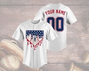 Camiseta de béisbol patriótica, camiseta de sóftbol con bandera de goteo personalizada, nombre y número personalizados, uniforme del equipo del 4 de julio, regalo deportivo de EE. UU.