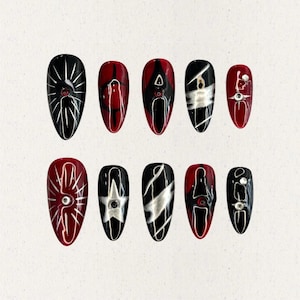Crimson Eclipse Nail Set, Black and Red Abstract Design, Star and Line Patterns, Rhinestone Accents, Edgy Nail Art, Handmade Stiletto Nails