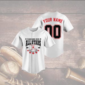 All Stars Baseball Jersey, Custom Team Name and Year Shirt, Personalized Name and Number, Red Stars Design, Youth Game Day Uniform