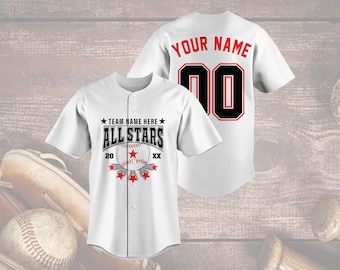 Camiseta de béisbol All Stars, personalizada con nombre del equipo y año, nombre y número personalizados, diseño de estrellas rojas, uniforme juvenil para el día del juego.