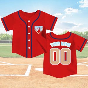 Personalized Red Baseball Jersey for Kids, Custom Name, Number, Toddler Team Shirt, Youth Game Day Uniform, Icy Drip Design Gift Idea