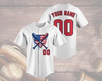 Camiseta de béisbol de EE. UU., camiseta con bates cruzados y banderas goteantes, nombre y número personalizados, uniforme patriótico de sóftbol, regalo para el día del juego del 4 de julio