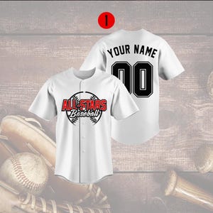 Personalized All Stars Baseball Jersey, Custom Name and Number, White Baseball Shirt, Sports Team Jersey, Gift for Baseball Fans