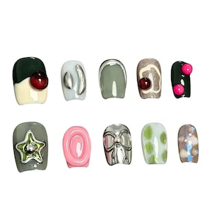 Y2K Press On Nails, Mixed Design Fake Nails, Funky Retro Nails, Chrome 3D Nail Art, Bold Colorful Nails, Handmade Short Nails Set
