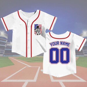 Custom Kids Baseball Player Jersey, Personalized Name, Number, American Flag Jersey, Red Trim Toddler Team Jersey, Game Day USA Jersey