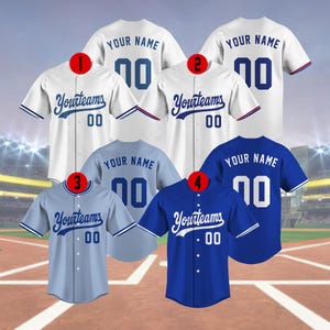 May include: A collection of baseball jerseys in white, light blue, and royal blue. Each jersey features the text "Yourteams" and a number "00" on the front. The backs display "Your Name" and the number "70".