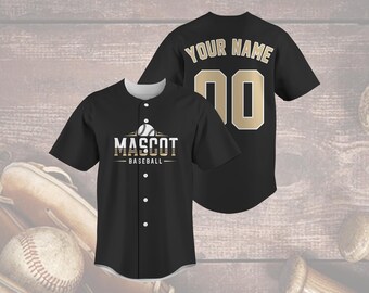 Camiseta de béisbol negra personalizada, camiseta de mascota personalizada, uniforme con nombre y número dorados, elegante atuendo a juego.