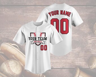 Camiseta de sóftbol personalizada, nombre y número de equipo personalizados, diseño en rojo y negro, uniforme para el día del partido, idea de regalo para fanáticos de los deportes juveniles.