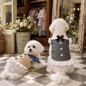 May include: Two white dogs wearing pet clothing. One dog faces forward in a tan vest with brown buttons and a blue plaid collar. The other dog faces away in a dark grey vest with a white collar, a black bow, three white buttons, and a white ruffle.