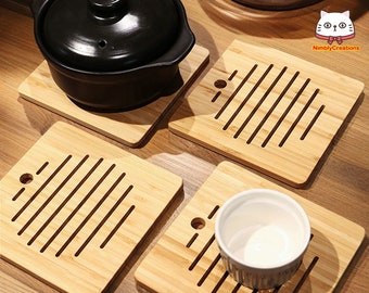 Square Bamboo Wooden Trivet Pot Holder, Unique Bamboo Trivet for Kitchen & Dining, Bamboo Hot Pad, Heat Proof Mat, Handmade Wedding Gifts