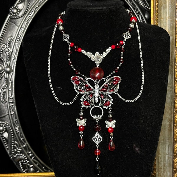 Chic Red Bead Butterfly Accent Necklace - Handcrafted Statement Jewelry