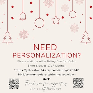 May include: A cream-colored graphic with red Christmas-themed illustrations, including a tree, bell, star, and ornaments. The text reads "NEED PERSONALIZATION?" and includes a website address and a thank you message.