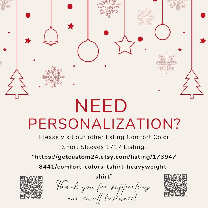 May include: A cream-colored graphic with red Christmas-themed illustrations, including a tree, bell, star, and ornaments. The text reads "NEED PERSONALIZATION?" and includes a website address and a thank you message.