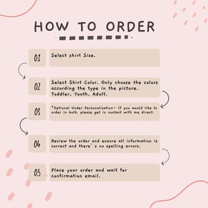 May include: A pink and beige illustrated guide with five steps on how to order a shirt. The steps are numbered 1 through 5 and include instructions for selecting shirt size, shirt color, personalization, reviewing the order, and placing the order.