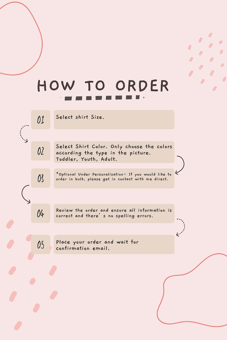 May include: A pink and beige illustrated guide with five steps on how to order a shirt. The steps are numbered 1 through 5 and include instructions for selecting shirt size, shirt color, personalization, reviewing the order, and placing the order.