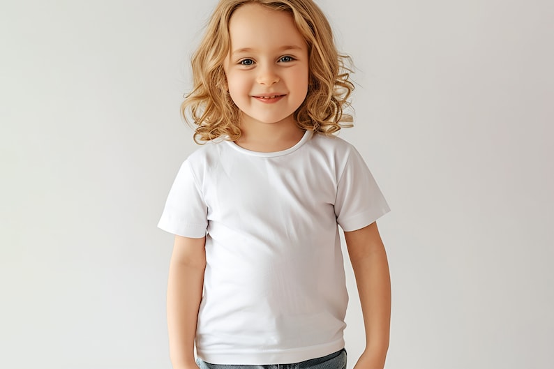 May include: A young girl with long, curly blonde hair smiles at the camera while wearing a white t-shirt.