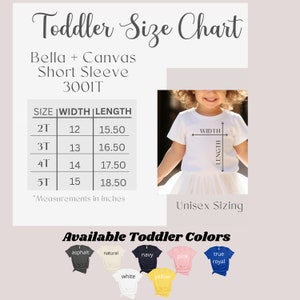May include: A size chart for toddler short sleeve shirts, showing measurements in inches for sizes 2T, 3T, 4T, and 5T. The chart also shows a variety of colors available for the shirts, including asphalt, natural, navy, pink, true royal, white, and yellow.