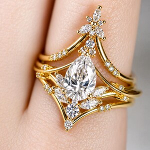 Marquise Diamond Cluster Ring Set, Pear Statement Ring, Crown Bridal Ring, Gold Stackable Ring, Art Deco Promise Ring