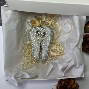 Unique Tooth Shaped Brooch with Crown and Pearls, Dentist Gift Idea, Handmade Crystal Pin for Dental Staff, Orthodontist or Hygienist