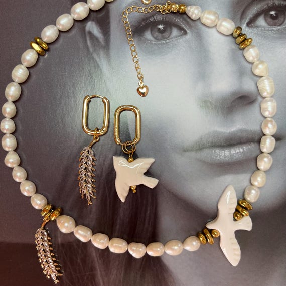 Unique Handmade Jewelry Set Pearl Earrings Ceramic Bird Necklace for  Her Flying white bird dove necklace 30th birthday gift