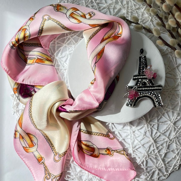 Designer costume jewelry set of silk scarf and handmade brooch made of beaded rhinestones flowers Embroidery denim jacket Eiffel Tower pins