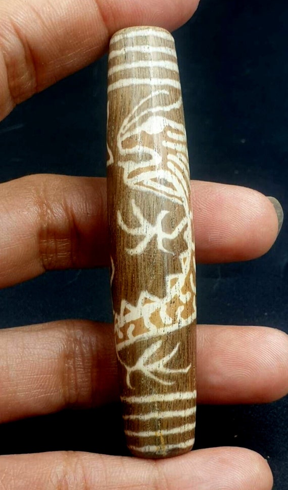 Antique Opalised Pumtek Tribal Bead Etched Dragon… - image 1