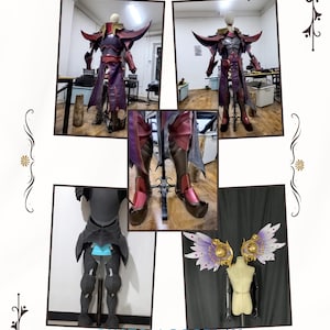 May include: A selection of custom cosplay props, armour, and shoes. The image displays a full cosplay costume in red and purple, including a helmet, armour, and boots. Also shown are a pair of angel wings and a mannequin.