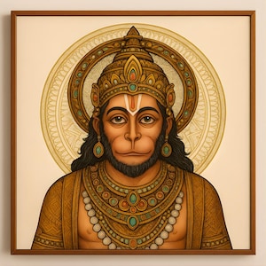 Puede incluir: Una impresión enmarcada que presenta una ilustración detallada de Hanuman, una deidad hindú. La obra de arte muestra a Hanuman con una cara de mono, adornado con una corona y collar enjoyados. La paleta de colores incluye oro, marrón y turquesa, sobre un fondo crema.