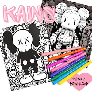 May include: Two KAWS-themed coloring pages with a black and white design, featuring the KAWS character. The word "KAWS" is written in pink. Seven colorful markers are arranged in front of the coloring pages. The words "INSTANT DOWNLOAD" are also visible.
