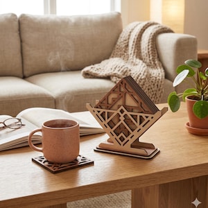 May include: A wooden coaster set with a geometric design, displayed on a wooden table. The set includes a holder and coasters. A pink speckled mug and an open book with glasses are also on the table. A beige sofa and a plant in a terracotta pot are in the background.
