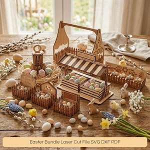 May include: A collection of laser-cut wooden Easter decorations, including baskets, fences, and a decorative lantern, filled with pastel-colored eggs. The scene is set on a wooden table with spring flowers, chicks, and a bunny. The text "Easter Bundle Laser Cut File SVG DXF PDF" is at the bottom.