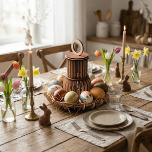 Puede incluir: Una mesa de comedor de madera decorada para la Pascua. La mesa está decorada con un centro de mesa de huevos pintados, una linterna de madera y una cesta tejida. También hay velas, flores y figuras de conejitos de cerámica. Platos, cubiertos y vasos completan el conjunto.