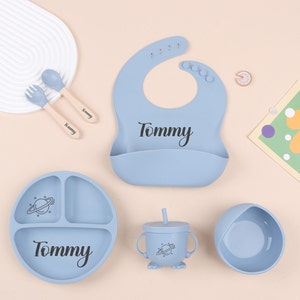 Juego de destete de silicona personalizado, plato de bebé personalizado, juego de destete de dibujos animados para bebés pequeños, juego de alimentación con nombre, regalo de baby shower.